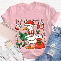 Humorous Holiday Bookworm Goose Shirt, Christmas Goose Reading Book T-Shirt, Adorable Winter Reading Tee, Book Lover Christmas Present T-Shirt