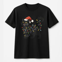 Santa Hat Cat Graphic Tee, Black Cat Christmas T-Shirt, Festive Holiday String Lights Shirt, Adorable Kitty Christmas T-Shirt, Cat Lover Present