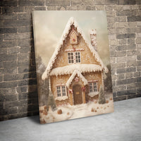 Whimsical Snowy Winter Landscape Canvas, Gingerbread House Christmas Canvas Wall Art, Festive Holiday Canvas Print, Comfy Xmas Wall Decor