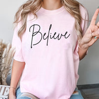 Minimalist Script Holiday Tee, Believe Christmas T-Shirt, Vintage Festive Christmas Tree Shirt, Adorable Winter Family Graphic T-Shirt