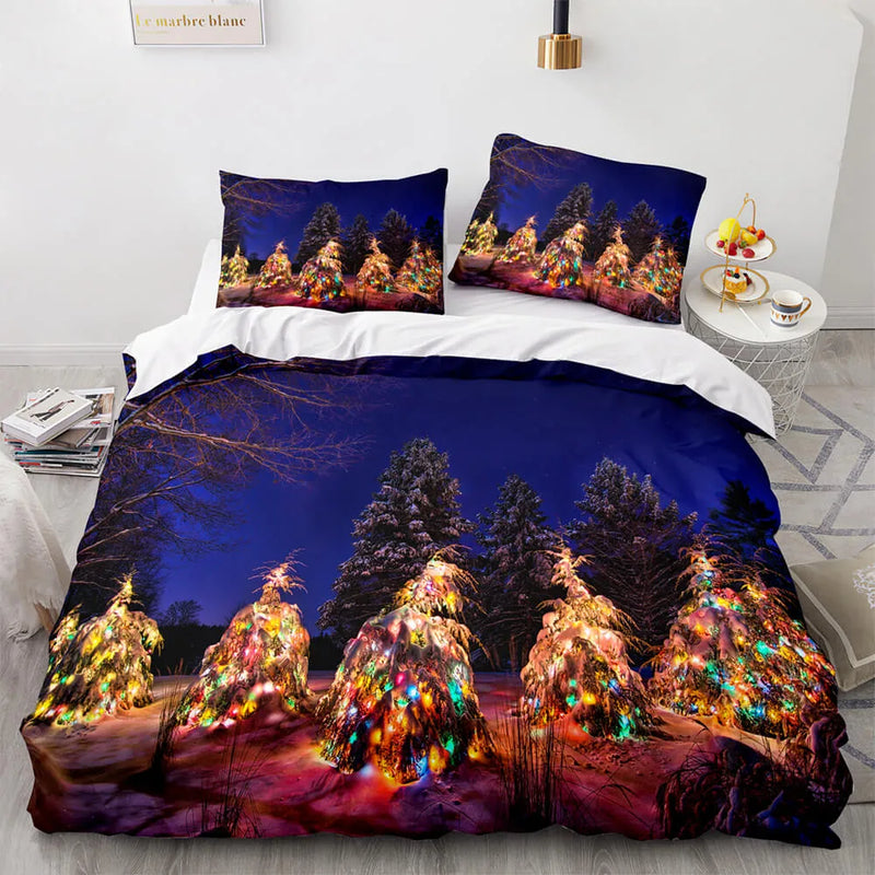 Festive Winter Holiday Bedding Set, Christmas Tree Fairy Lights Duvet Cover Set, Microfiber Xmas Quilt Cover, Holiday Bedroom Decor