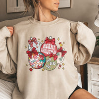 Disco Ball Holiday Graphic Crewneck, Retro Christmas Ornaments Sweatshirt, Coquette Bow Xmas Sweater, Festive Winter Holiday Pullover