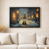Snowy Village Cat Print, Black Cat Christmas Canvas Wall Art, Holiday Black Cat Poster, Winter Cat Scene Digital Download