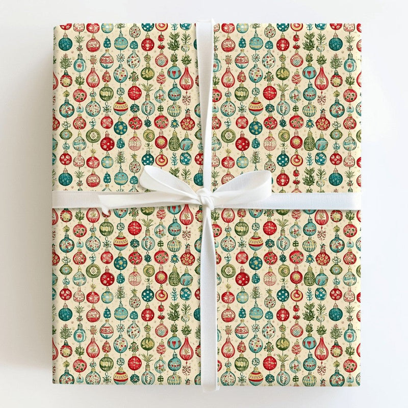 Retro Bauble Holiday Gift Wrap, Vintage Ornament Christmas Wrapping Paper, Antique Festive Print Gift Wrapping Paper, Winter Roll Gift Wrap