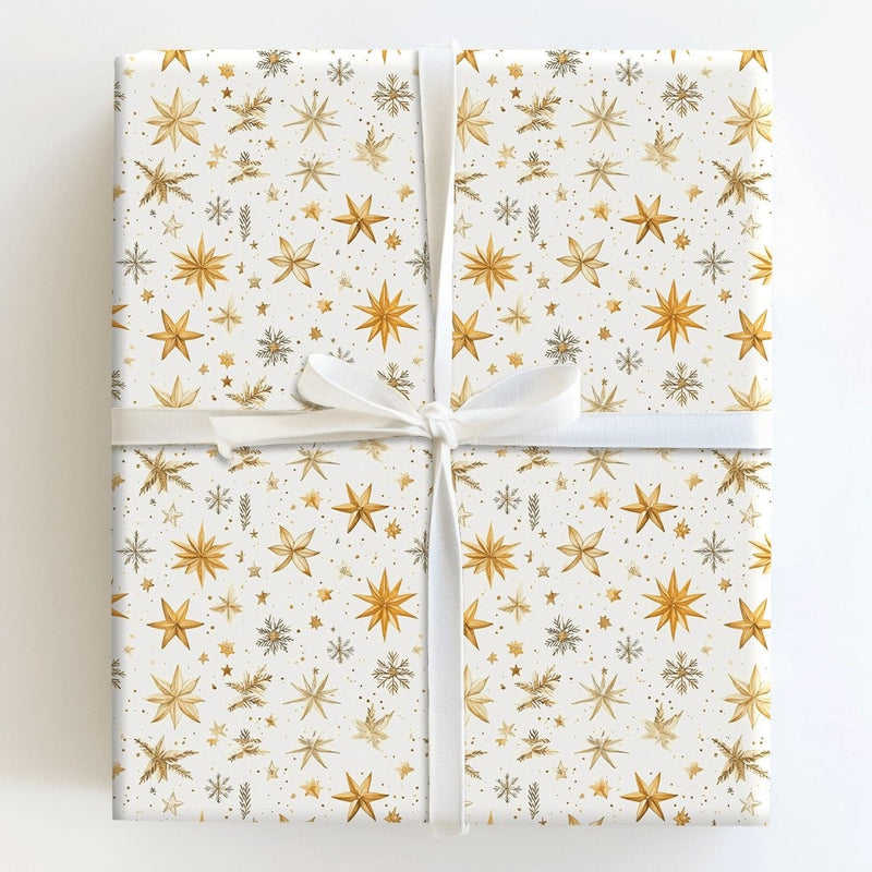 Celestial Snowflake Gift Wrap, Golden Star Christmas Wrapping Paper, Winter Holiday Gift Wrap Roll, Elegant Gold Star Present Paper