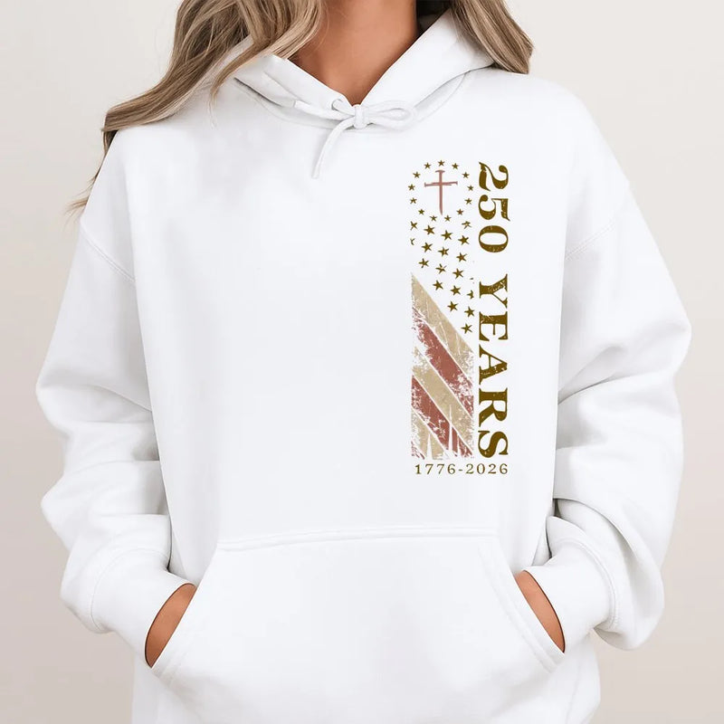 America 250 Years Hoodie | Vintage Patriotic Flag Cross Design 1776-2026 | Soft Cotton Blend Unisex Pullover | Gift for History Lovers