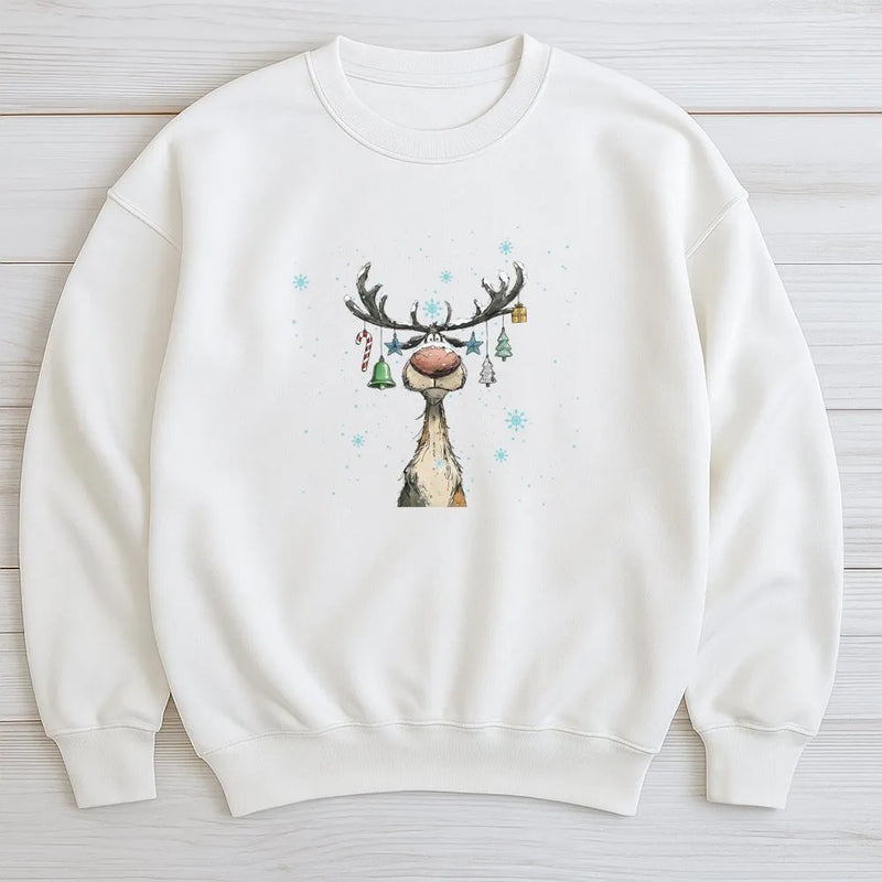 Ornament Antler Reindeer Crewneck, Christmas Reindeer Sweatshirt, Retro Holiday Deer Pullover, Adorable Xmas Present, Holiday Deer Sweatshirt