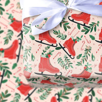 Candy Cane Holiday Gift Wrap, Retro Red Ice Skates Wrapping Paper, Christmas Foliage Wrapping Paper, Pink Winter Holiday Present Wrap Roll