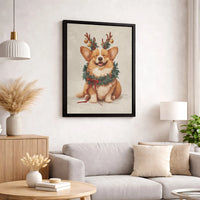 Holiday Puppy Reindeer Antlers Canvas Print, Christmas Corgi Canvas Wall Art, Adorable Dog Winter Wall Decor, Festive Xmas Dog Lover Canvas