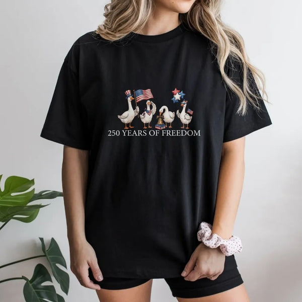 USA 250th Anniversary Goose T-Shirt | Patriotic Geese Celebrating 250 Years of Freedom | 100% Soft Breathable Cotton | Gift for History Buffs and Americana Lovers