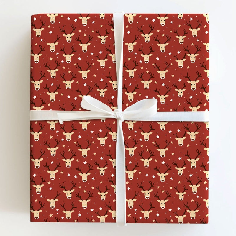 Cartoon Deer Holiday Gift Wrap, Adorable Reindeer Wrapping Paper, Red Christmas Wrapping Paper, Festive Star Gift Wrap Roll, Xmas Present Paper