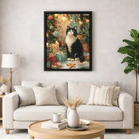 Holiday Tree Oil Painting Canvas Art, Tuxedo Cat Christmas Canvas Print, Festive Winter Cat Canvas Wall Art, Comfy Xmas Pet Lover Decor