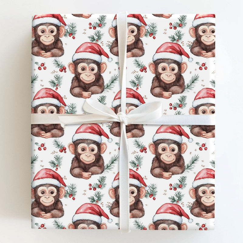 Adorable Animal Christmas Gift Wrap, Santa Hat Monkey Wrapping Paper, Watercolor Chimpanzee Wrapping Paper Roll, Kids Holiday Gift Wrap