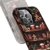 Comfy Gingerbread Hot Cocoa Holiday iPhone Case, Christmas Bookshelf Phone Case, Candy Cane Winter Phone Cover, Bookish Present