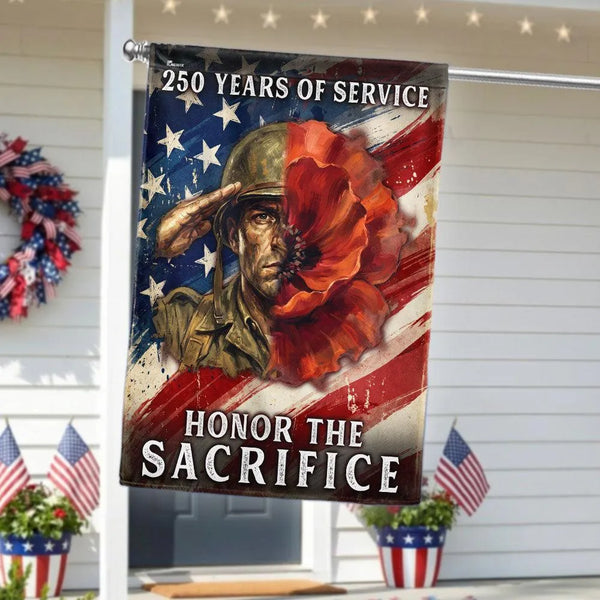 Memorial Day Garden Flag 250 Years of Service | Honor The Sacrifice Poppy Soldier Design | Double-Sided Polyester US Flag | Patriotic Yard Decor for Veterans