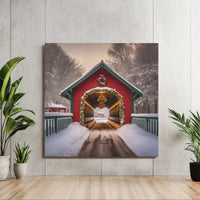 Snowy Red Barn Winter Landscape Poster, Christmas Covered Bridge Canvas Print, Holiday Wall Art, Digital Download Farmhouse Xmas Decor