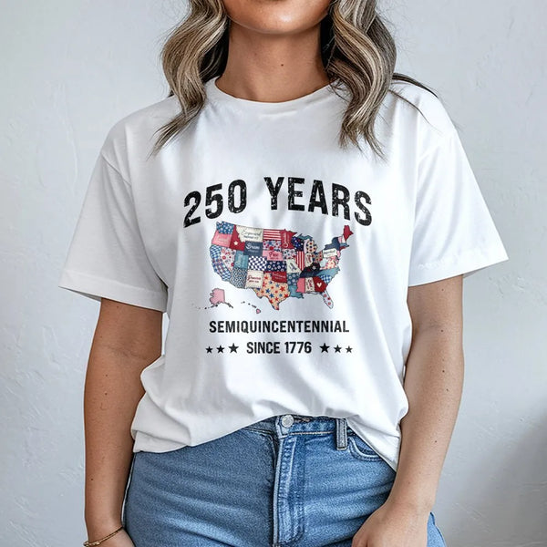 America 250 Years T-Shirt | Semiquincentennial Patchwork USA Map Design | 100% Soft Breathable Cotton | Patriotic Gift for History Lovers