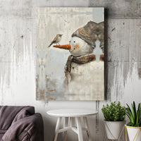 Winter Wonderland Wall Art, Snowman with Bird Canvas Print, Whimsical Holiday Canvas Art, Christmas Snowman Wall Decor, Winter Season Present
