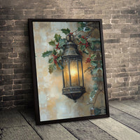Winter Holly Berry Canvas Print, Christmas Lantern Canvas Wall Art, Glowing Holiday Scene Poster, Xmas Decor Digital Download