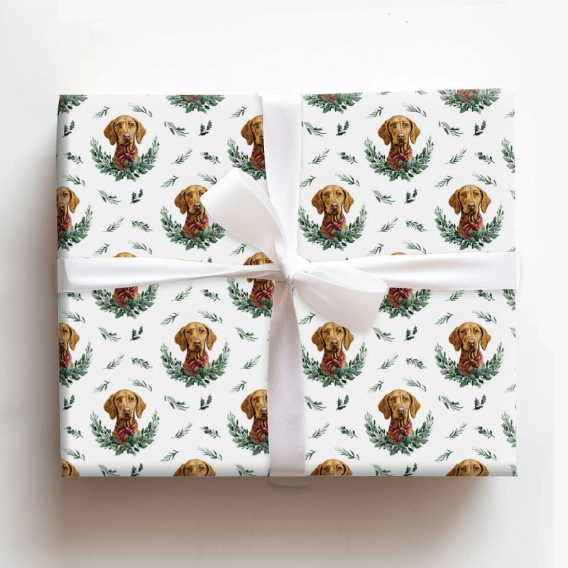Holiday Wreath Puppy Gift Wrap, Vizsla Dog Christmas Wrapping Paper, Watercolor Dog Christmas Paper, Festive Pet Lover Gift Wrapping Paper