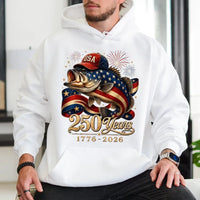 USA 250 Years Bass Fish Hoodie | Patriotic American Flag Fishing Art with Fireworks | Soft Cotton-Poly Blend Comfort | Gift for Fishing and Americana Fans