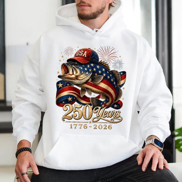 USA 250 Years Bass Fish Hoodie | Patriotic American Flag Fishing Art with Fireworks | Soft Cotton-Poly Blend Comfort | Gift for Fishing and Americana Fans