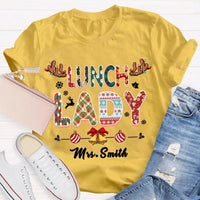 Custom Cafeteria Staff Holiday Shirt, Personalized Lunch Lady Christmas T-Shirt, Snowflake Bells Xmas Graphic Tee, School Worker Present