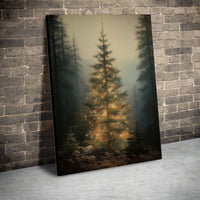Glowing Pine Woodland Painting Print, Christmas Tree Forest Canvas Wall Art, Misty Forest Poster, Holiday Digital Download Decor