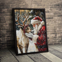 Snowy Winter Forest Canvas Print, Santa Claus and Reindeer Canvas Art, Vintage Christmas Wall Art Canvas, Holiday Seasonal Home Decor Present