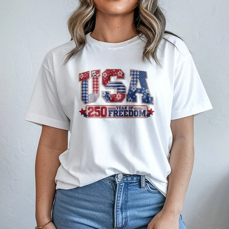 USA 250 Years of Freedom T-Shirt | Patriotic Patchwork Quilt Design | Soft Breathable Cotton | Gift for Americana Fans