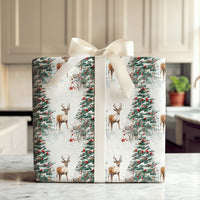 Christmas Tree Gift Wrap, Watercolor Reindeer Wrapping Paper, Winter Deer Holiday Wrapping Paper, Rustic Woodland Gift Wrapping Paper