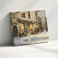 Snowy European Storefront Oil Painting Print, Christmas Village Canvas Wall Art, Comfy Holiday Winter Poster, Festive Digital Download