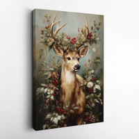 Festive Woodland Animal Canvas Print, Christmas Deer Canvas Wall Art, Winter Berries Deer Canvas Decor, Holiday Wall Art Frameless Canvas