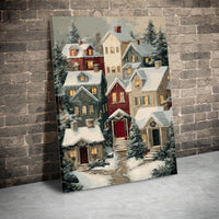 Winter Pine Trees Landscape Canvas, Snowy Christmas Village Canvas Print, Holiday Village Wall Art, Comfy Winter Canvas Art, Christmas Decor