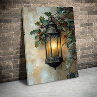 Glowing Holly Berries Canvas, Christmas Lantern Canvas Wall Art, Winter Holiday Art Canvas Print, Xmas Wall Decor, Festive Home Present