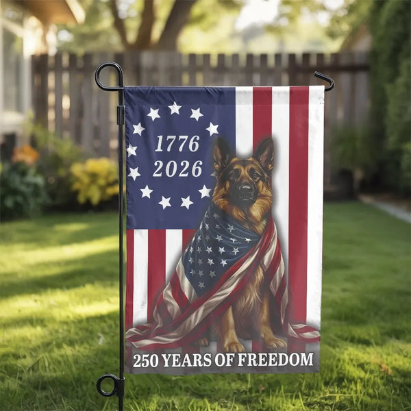 Patriotic German Shepherd Garden Flag | 250 Years of Freedom 1776-2026 US Semiquincentennial Double Sided | Weatherproof Polyester | American Dog Lover Gift