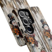 Rustic Wood Christmas Samsung Galaxy Tough Case, Vintage Folk Art Snowman Phone Case, Holiday Snowmen Tough Phone Cover Present