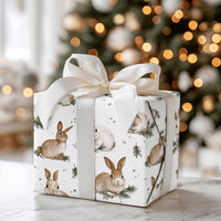 Adorable Winter Bunny Gift Wrap, Watercolor Rabbit Wrapping Paper, Pine Sprig Holiday Wrapping Paper, Nature Lover Christmas Present Wrap Roll