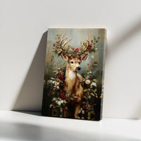 Christmas Pinecone Winter Stag Canvas Print, Majestic Deer Holly Canvas Wall Art, Rustic Holiday Cabin Decor, Farmhouse Nature Art