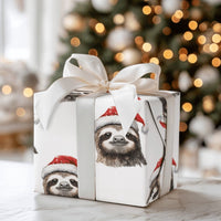 Watercolor Sloth Gift Wrap, Christmas Sloth Wrapping Paper, Adorable Santa Hat Sloth Holiday Paper, Animal Lover Xmas Gift Wrapping Paper