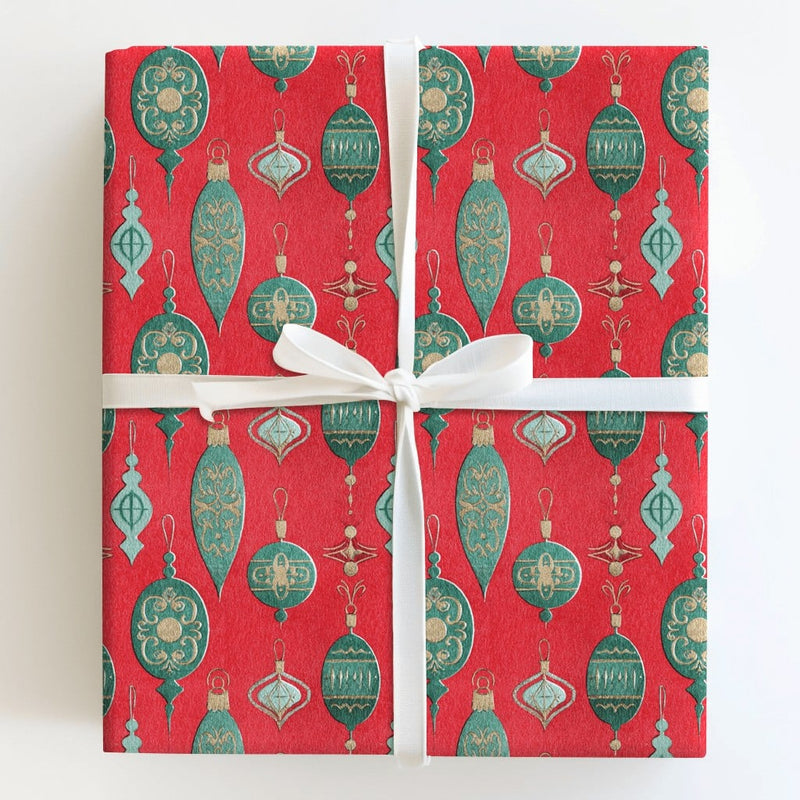 Red and Green Holiday Gift Wrap, Vintage Ornament Christmas Wrapping Paper, Retro Bauble Wrapping Paper, Elegant Festive Gift Wrap Roll