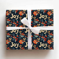 Navy Holly Botanical Holiday Wrapping Paper, Joy Poinsettia Christmas Wrapping Paper, Floral Winter Gift Wrap, Elegant Xmas Paper Roll