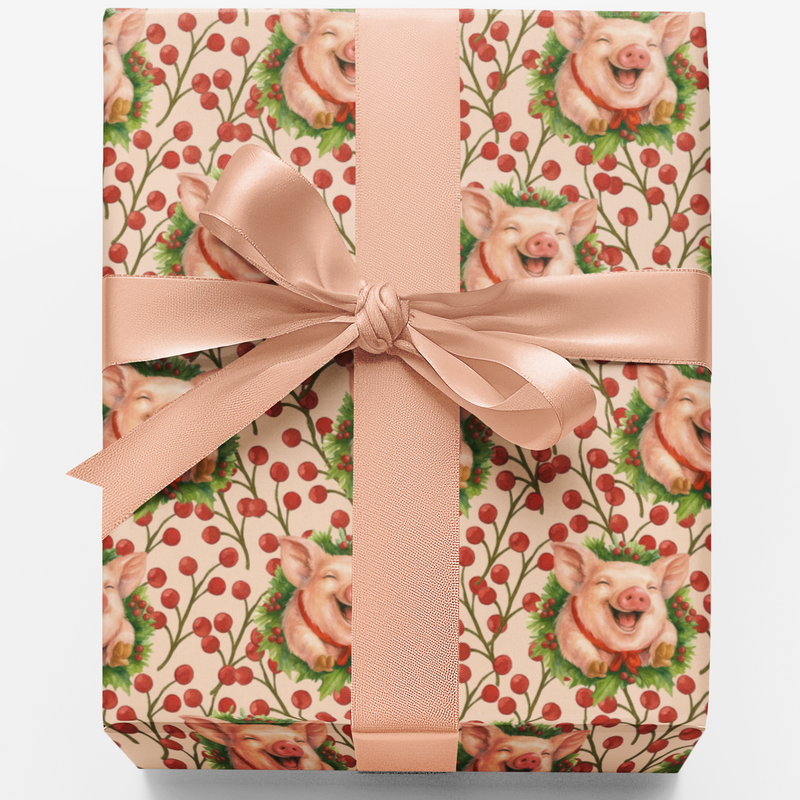 Adorable Pig Wreath Gift Wrap, Piggy Tidings Christmas Wrapping Paper, Farm Animal Holiday Paper Roll, Festive Winter Birthday Gift Wrap