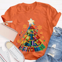 Crayon Christmas Tree Shirt, Art Teacher Christmas T-Shirt, Colorful Art Educator Holiday Graphic Tee, Snowflakes Lights Teacher Present