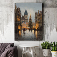 Vintage City Square Winter Wall Art, Snowy European Christmas Market Canvas Art, Comfy Holiday Town Canvas Print, Seasonal Xmas Home Decor