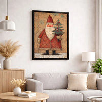 Folk Art Santa Canvas Print, Vintage Santa Claus Canvas Wall Art, Rustic Christmas Tree Canvas Decor, Holiday Santa Claus Canvas Wall Art