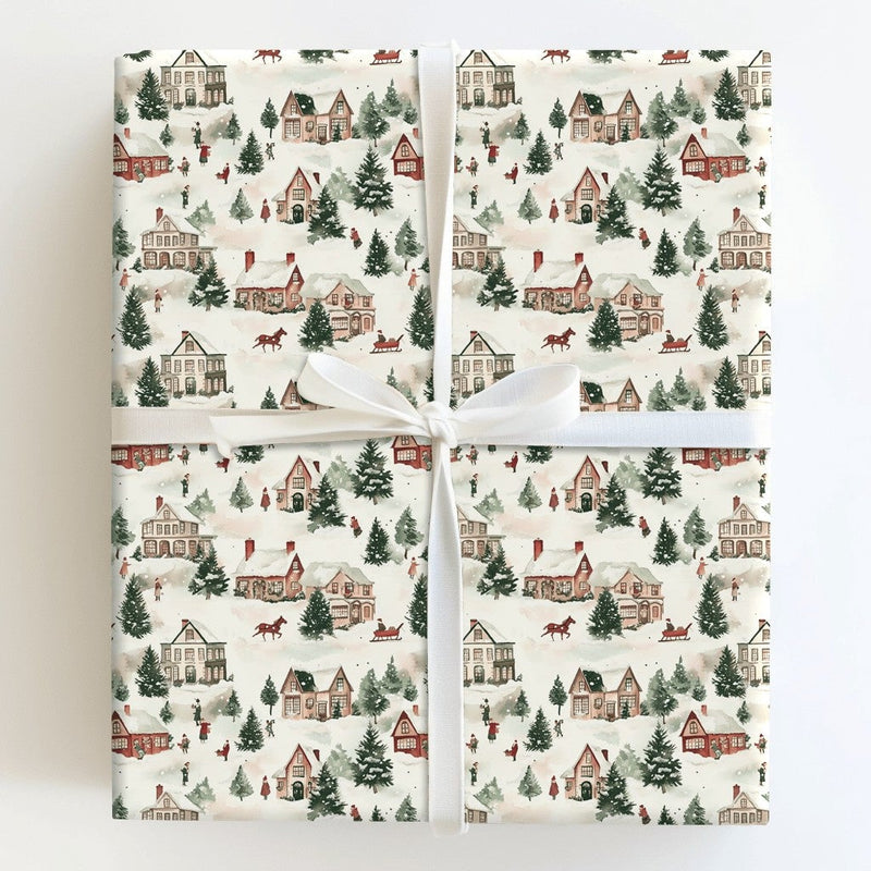 Horse Sleigh Holiday Gift Wrap, Snowy Village Christmas Wrapping Paper, Watercolor Winter Wonderland Gift Wrapping Paper, Comfy Present Wrap