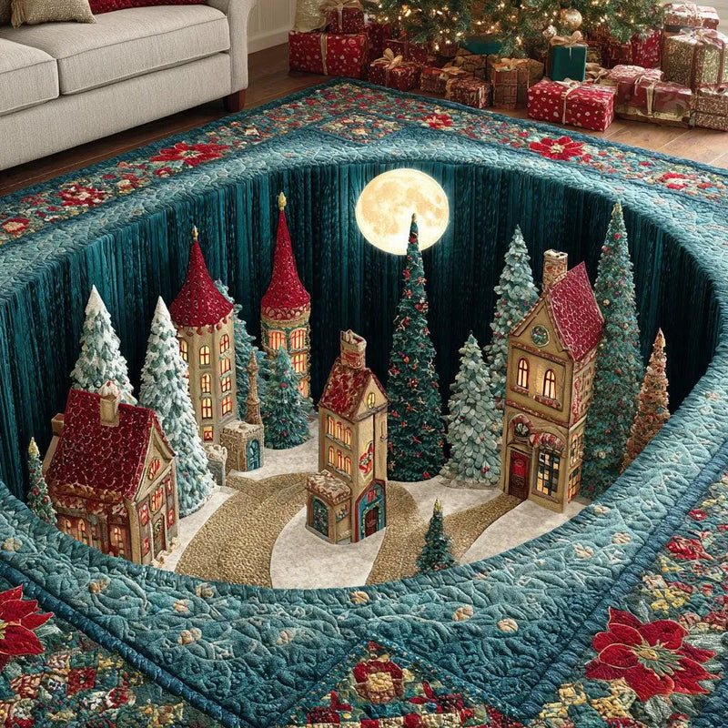 3D Winter Village Floor Rug, Holiday Glow Christmas Area Rug, Festive Town Scenery Rug, Comfy Winter Holiday Area Rug, Xmas Floor Decor Rug