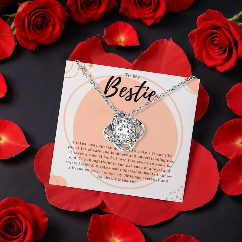 Sparkling CZ Crystal Gold Pendant, Bestie Love Knot Necklace, Friendship Jewelry, Best Friend Birthday Christmas Present Necklace for Her