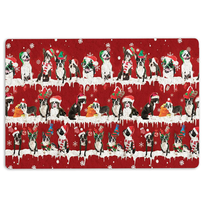 Snowflake Holiday Dog Welcome Mat, Boston Terrier Christmas Doormat, Winter Porch Door Mat, Boston Terrier Entry Rug, Xmas Present